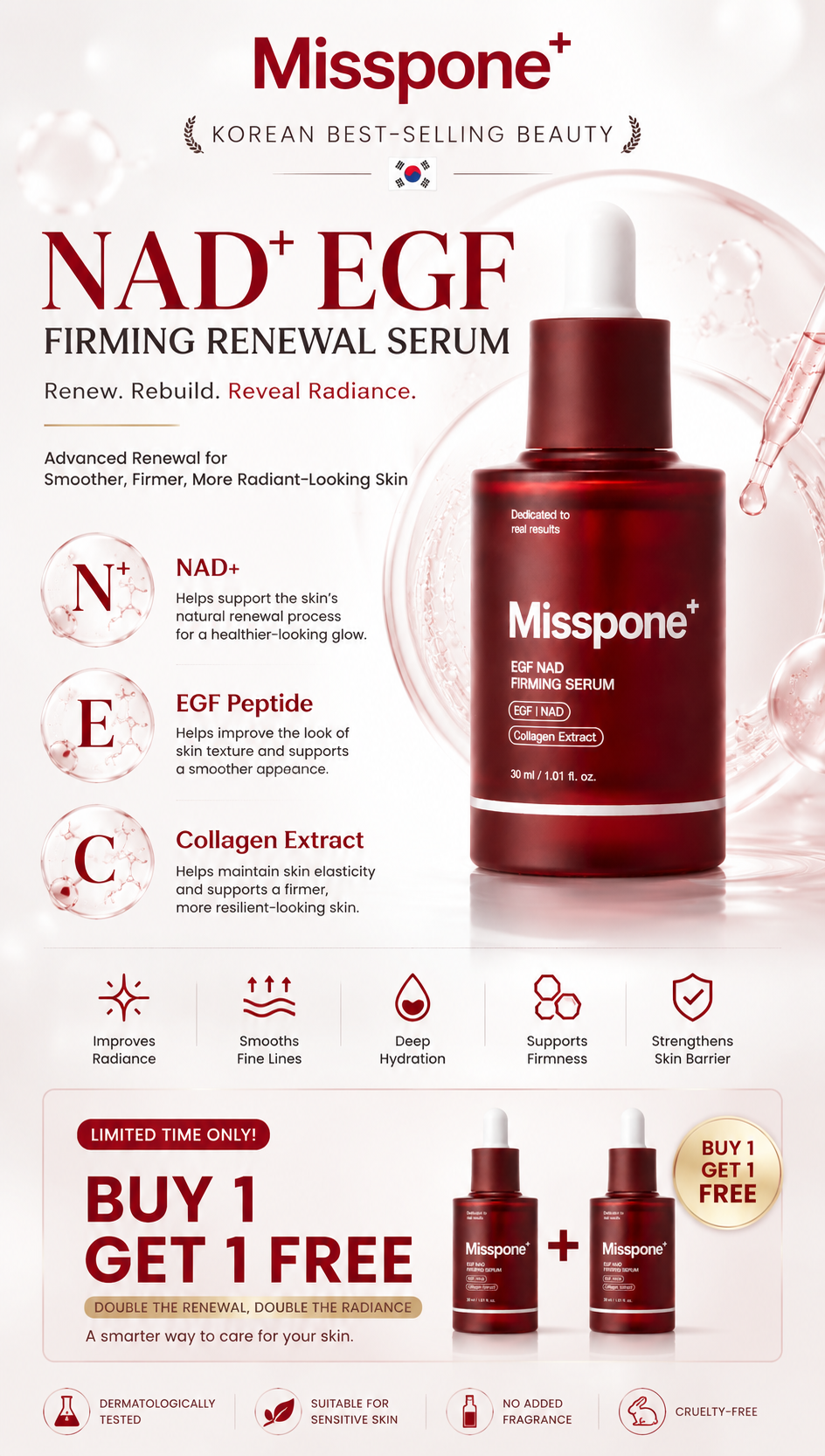NAD+ EGF Firming Serum | NAD+, EGF, Collagen Extract, Anti-aging, Plumping, Radiance Boosting Serum | Cares for Look of Fine Lines, Skin Elasticity & Firmness For Youthful-looking Skin (30ml / 1.01 fl. oz.) | Korean Skincare, K-Beauty
