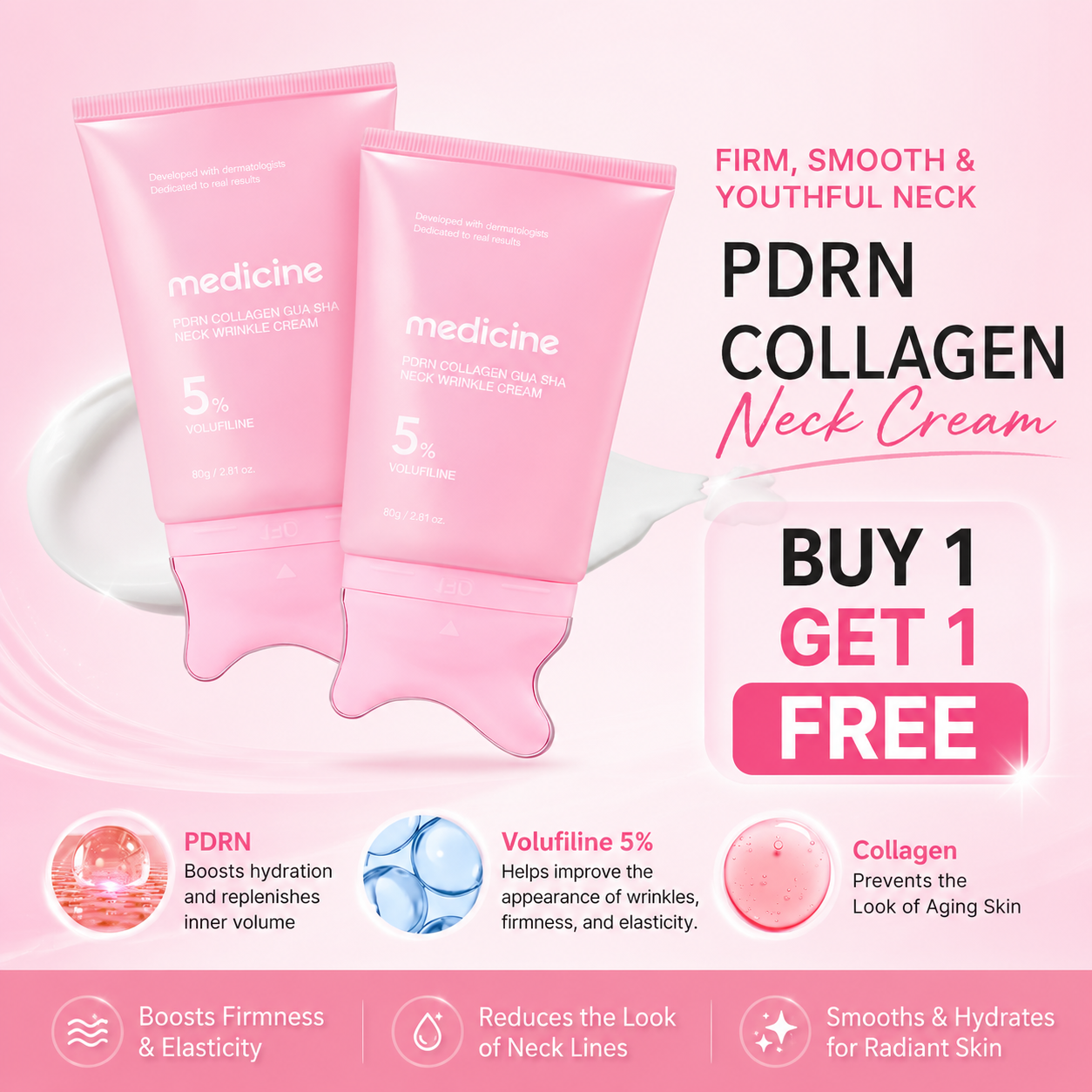 💖Buy 1 Get 1 Free - 🧬PDRN Collagen Gua Sha Neck Wrinkle Cream | Built-In Gua Sha Massager with Volufiline 5% + PDRN | Korean Skincare