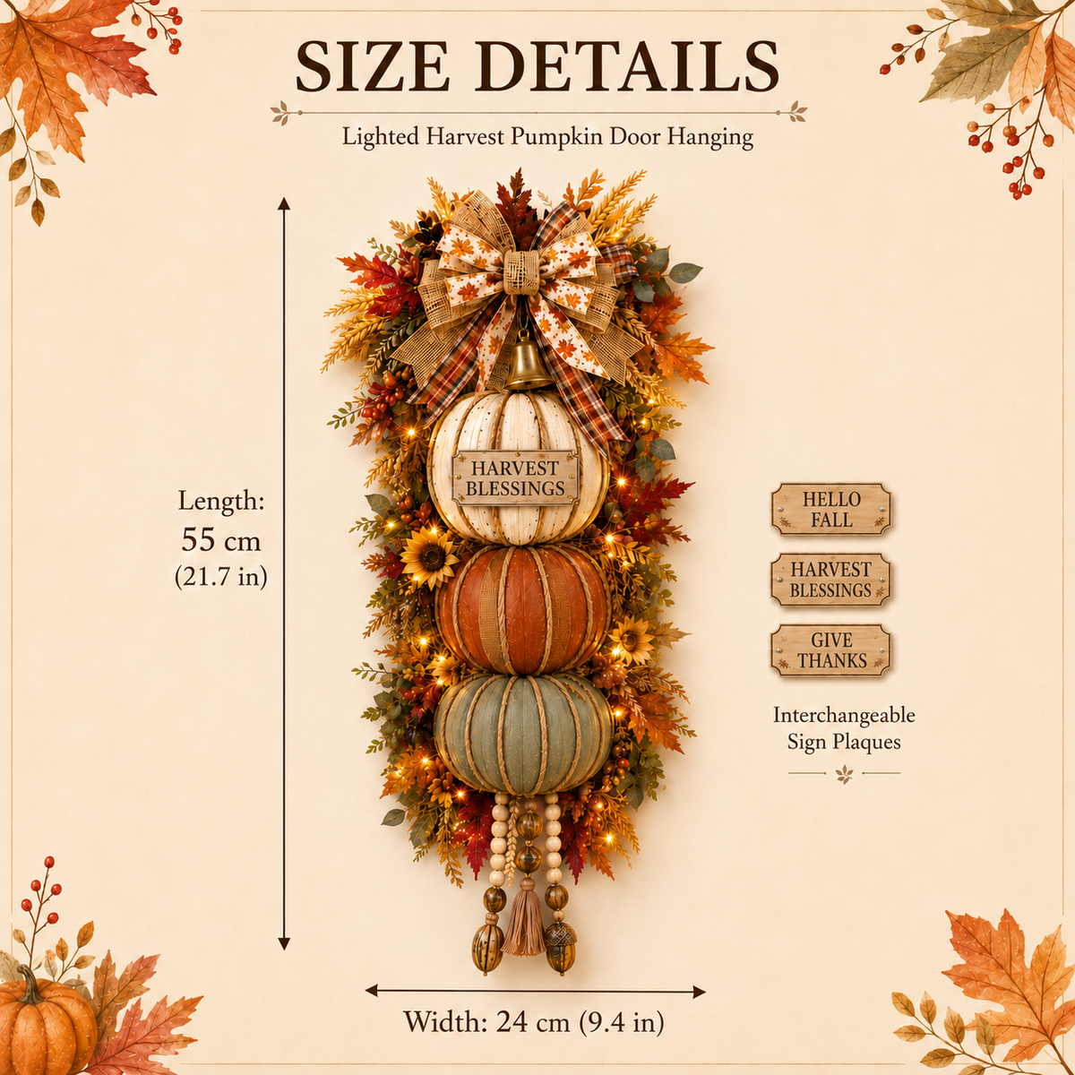 Lighted Stacked Pumpkin Fall Door Decor with 3 Seasonal Plaques