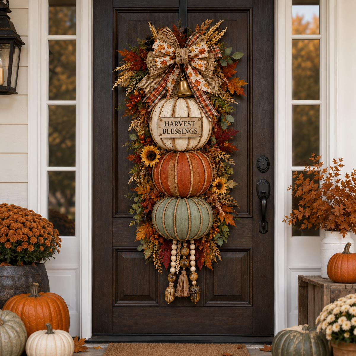 Lighted Stacked Pumpkin Fall Door Decor with 3 Seasonal Plaques