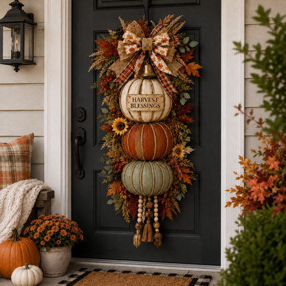 Lighted Stacked Pumpkin Fall Door Decor with 3 Seasonal Plaques
