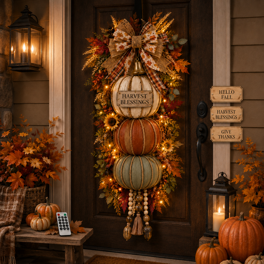 Lighted Stacked Pumpkin Fall Door Decor with 3 Seasonal Plaques